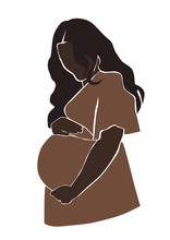Pregnant Black Skin Woman Portrait Illustration On The White Isolated Background. Cute Young Pregnant Mother Clipart.