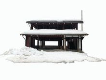 Front View Of Garage Cover With Snow In Winter On White Background
