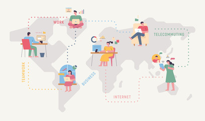 Wall Mural - People from all over the world are networked and working. World map background.  flat design style minimal vector illustration.