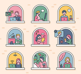 Wall Mural - Neighbors working from home can be seen through the windows of the building. flat design style minimal vector illustration.