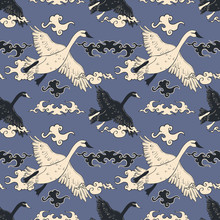 Seamless Pattern With Flying Swan And Clouds In Asian Style.