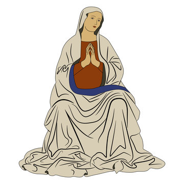 Praying Virgin Mary. Seated Catholic Madonna. Female Christian saint.