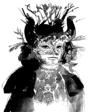 Man In A Horned Mask And Lace At The Venetian Carnival, Graphic Black White Drawing On A White Background