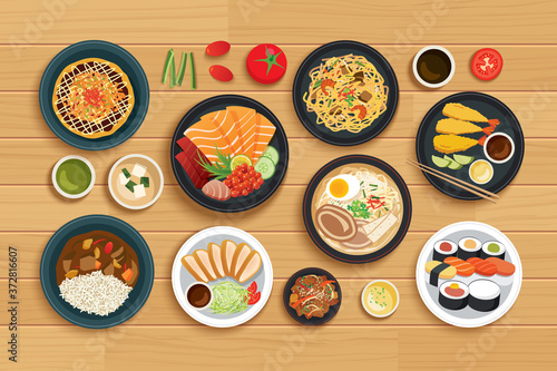 Fotografía japanese food on top view wooden background.
