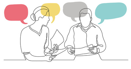 Wall Mural - adult man and woman having conversation together - one line drawing with speech bubbles