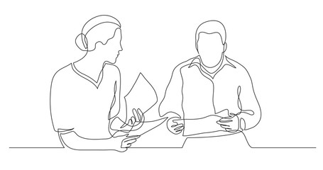 business colleagues discussing papers during working process - one line drawing