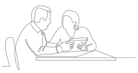 Sticker - business colleagues discussing papers during working process - one line drawing