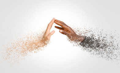 hands of caucasian woman and african-american man reaching out to each other on color background. ra
