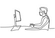 Continuous line drawing of man look computer screen. A professional office worker concentrated behind computer and wear a mask in pandemic COVID-19. Work from home concept. Vector illustration
