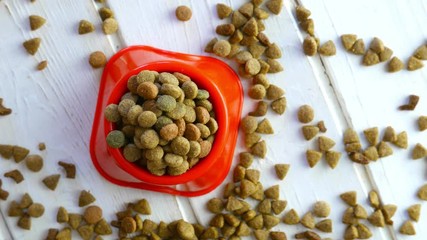 Wall Mural - Top view of dry pet food in a red bowl rotating on a wooden table