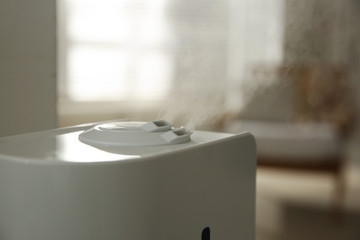 Canvas Print - Modern humidifier on blurred background, closeup view