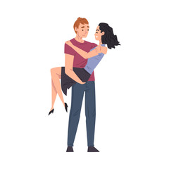 Poster - Happy Young Man Carrying his Beautiful Girlfriend, Romantic Loving Couple Cartoon Style Vector Illustration