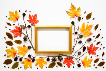 Wall Mural - colorful autumn leaf decoration, golden frame, copy space