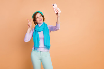 Poster - Portrait of her she nice attractive lovely pretty cheerful cheery girl taking making selfie showing v-sign having fun isolated over beige pastel color background