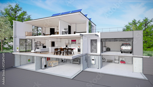 Projet De Construction Et Vue En Coupe De L Interieur D Une Belle Maison Moderne D Architecte Avec Cave Sous Sol Etage Et Garage Avec Panneaux Solaires Stock Illustration Adobe Stock