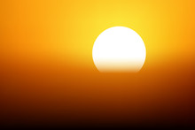 Sunset Scene Background. Sundown In Golden, Yellow, Orange Colors. Sun Disappearing In Haze. Vector Illustration