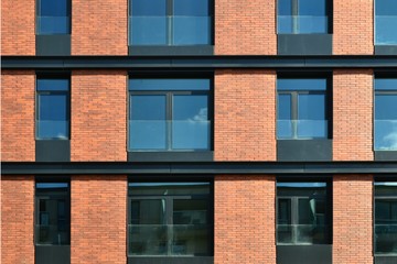 Red brick industry building facade. Red brick construction, modern building facade with a blue glass windows