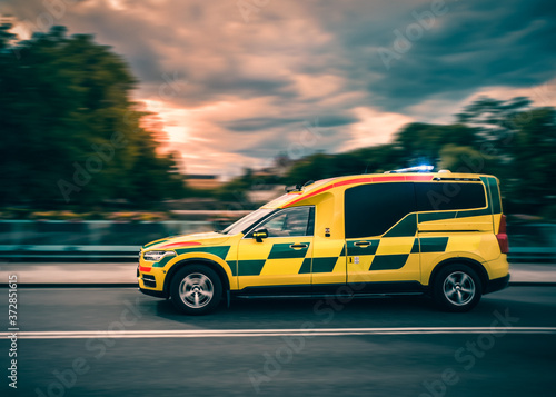 Swedish Ambulance on Emergency Call with Lights and Sirens