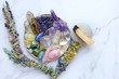 Chakra gemstones crystals and nature magic things. Witchcraft Ritual, energy healing minerals. Witchcraft Ritual, energy healing minerals. flat lay