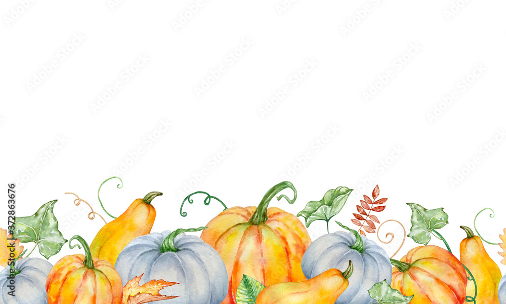 watercolor autumn seamless composition border with pumpkins Stock ...