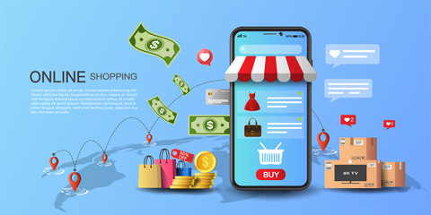Wall Mural - Online shopping on application and website concept, digital marketing and money online, shopping cart with new items on smartphone screen.