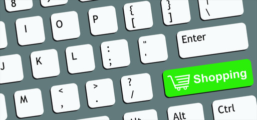 Slogan online shopping cart on computer or laptop key on keyboard.  Website or mobile online store application. Vector concept icons. Digital marketing. Shop on smartphone or computer. Internet busine