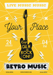 Wall Mural - Rock music vector flyer, live event poster background template with retro guitar. Keep calm and Rock on background. Vector design illustration