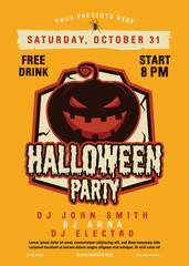 Wall Mural - Halloween party flyer. Trending autumn holiday banner poster with pumpkin and spider. Modern template, musical DJ design. Stock vector banner illustration
