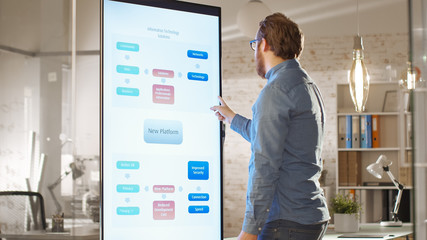 Young Man Works with New App Design on Electronic Whiteboard. He Interacts with a Whiteboard. Bright Modern Stylish Office with Beautiful People.