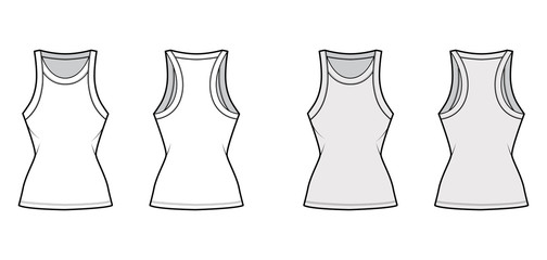 Cotton-jersey racer-back tank technical fashion illustration with fitted body, wide scoop neckline. Flat outwear cami apparel template front, back white grey color. Women men unisex shirt top mockup