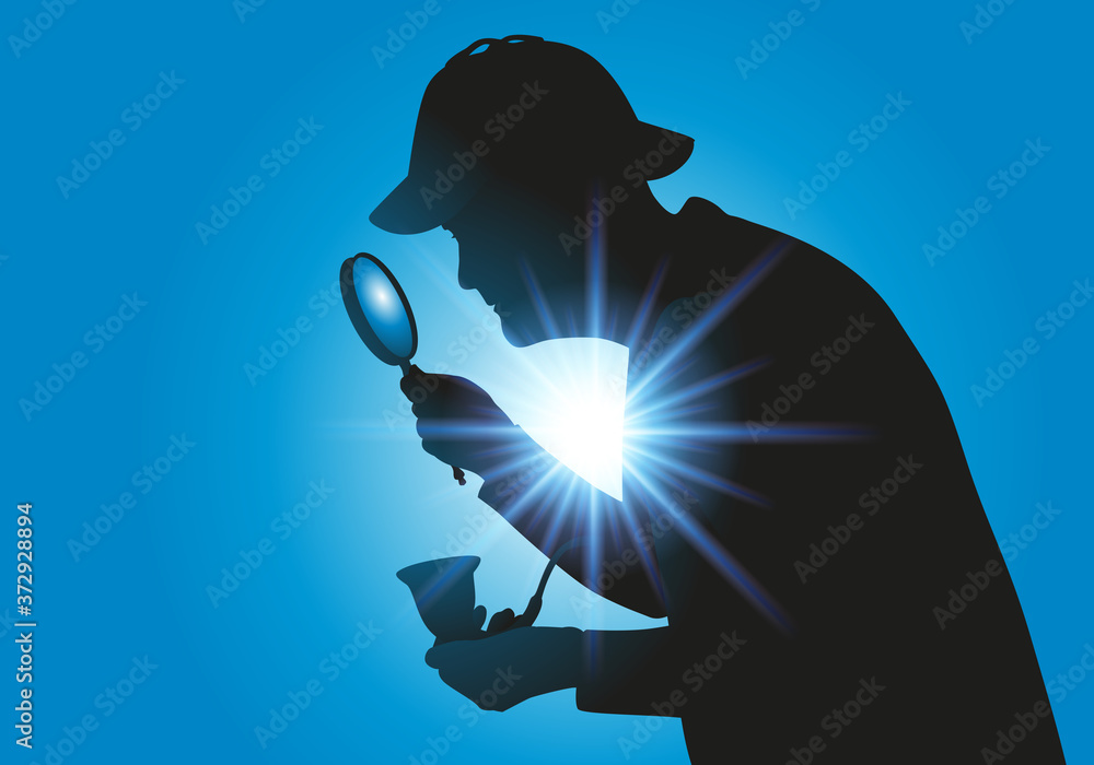 Image vectorielle Stock Silhouette du personnage de Sherlock Holmes, le détective à la recherche d'indices avec sa célèbre loupe et sa pipe. | Adobe Stock