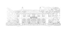Black And White Sketch, Wedding Venue, Architecture. Vector Illustration With Style Mansion, Big Tree In Front Of It, Country Estate. Historic Building, Location For Your Elegant Countryside Wedding.