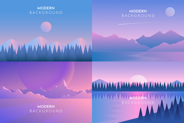 Mountains, Sea, Ocean, Rocks, Desert, Night, Day, Sunset, Abstract landscape set, Vector banners set with polygonal landscape illustration, Minimalist style, Flat design