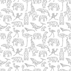 Poster - Seamless pattern with polygon animals. Low poly bear, flamingo, whale, elephant. Triangle graphic, origami style. Abstract geometric modern design. Vector illustration for fabric, printing, t-shirts