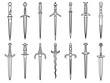 Set of simple vector images of medieval dirks and daggers drawn in art line style.