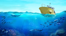 Fishing Boat In The Sea. Large School Of Fish In The Ocean. Underwater World With Sea Animals.