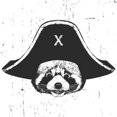 Wall Mural - Portrait of  Red Panda with a pirate hat. Vector. 