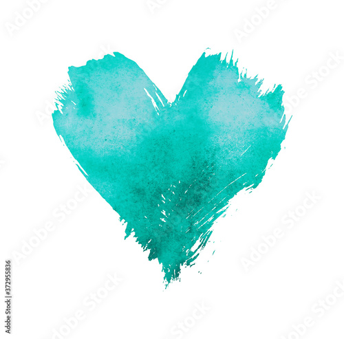 Photographie Teal watercolor painted heart shape on white