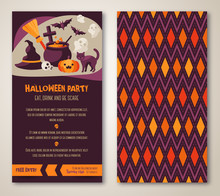 Halloween Two Sides Poster Or Flyer. Vector Illustration. Halloween Party Invitation, Menu Design. Place For Text Message.