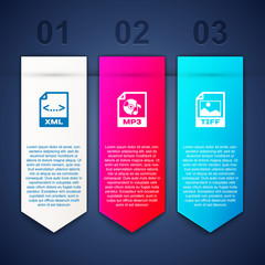 Set XML file document, MP3 and TIFF. Business infographic template. Vector.