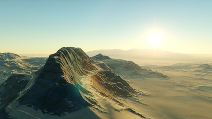 Fototapeta beautiful view from an exoplanet, a view from an alien planet, a computer-generated surface, a fantastic view of an unknown world, a fantasy world 3D render