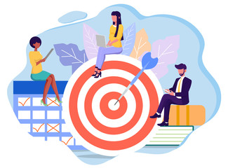 Wall Mural - Achieved business and personal goals concept with successful people working on mobile devices around a target, colored vector illustration