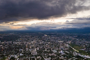 Bird's eye view of the city of Ivanovo with a beautiful sunset.