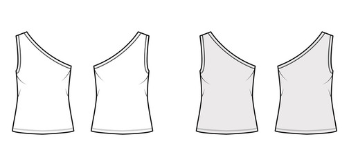 Sticker - One-shoulder stretch-jersey tank technical fashion illustration with oversized body, elongated hem. Flat outwear cami apparel template front, back, white grey color. Women, men unisex shirt top mockup