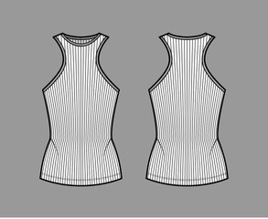 Ribbed cotton-jersey tank technical fashion illustration with racer-back straps, slim fit, crew neckline. Flat outwear top apparel template front, back, white color. Women, men unisex shirt knit CAD