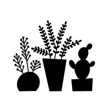 Set Of Plants In Vase, Black Silhouettes
