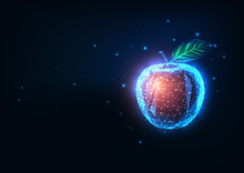 Futuristic Biotechnology, Food Engineering Concept With Glowing Low Polygonal Red Apple