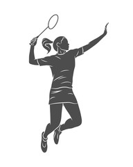 Wall Mural - Silhouette young woman badminton player jumping with a racket on a white background. Vector illustration