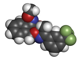 Canvas Print - Trifloxystrobin fungicide molecule. 3D rendering. Atoms are represented as spheres with conventional color coding: hydrogen (white), carbon (grey), nitrogen (blue), etc