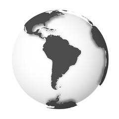 Poster - Earth globe. 3D world map with white lands dropping shadows on light grey seas and oceans. Vector illustration